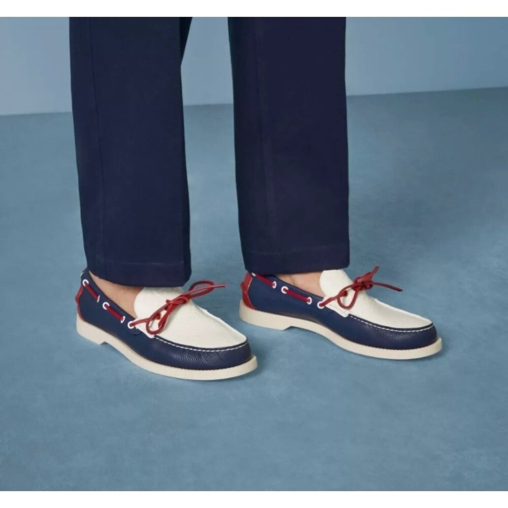 Gucci Men's Riverside Moccasin Calfskin GG Boat Shoes Blue/Off White 745968 UK7